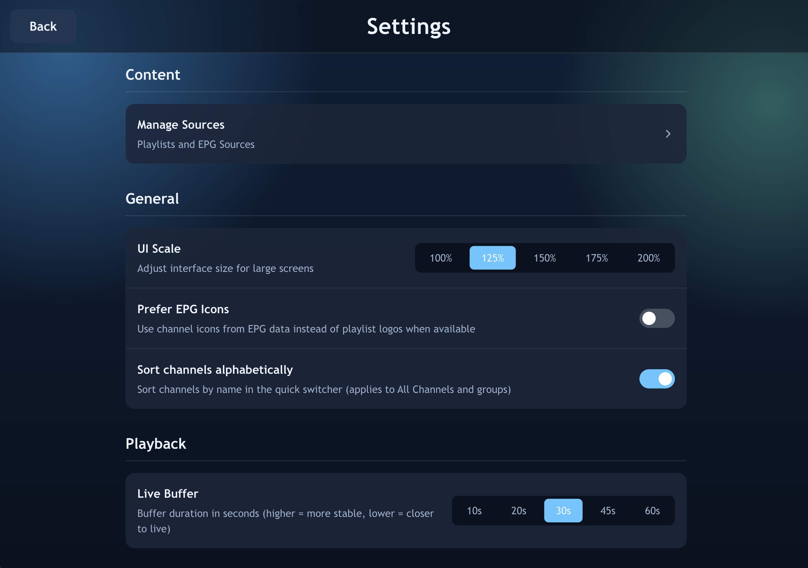 Settings screen
